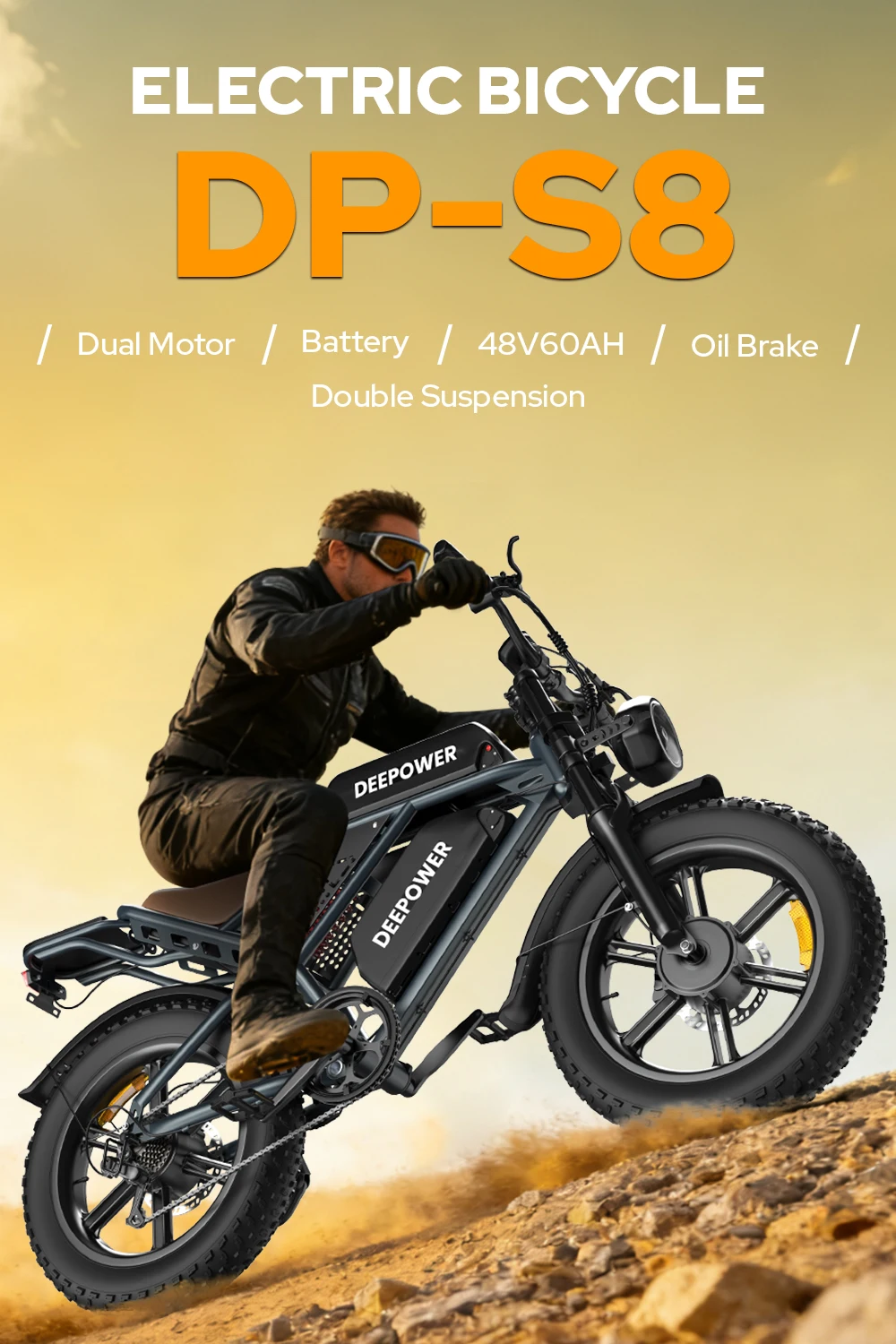 DEEPOWER S8 Bici elettrica 3500W Doppio motore 48V 60Ah Doppia batteria Bicicletta elettrica fuoristrada Pneumatici larghi 20 pollici Ebike per tutti i terreni