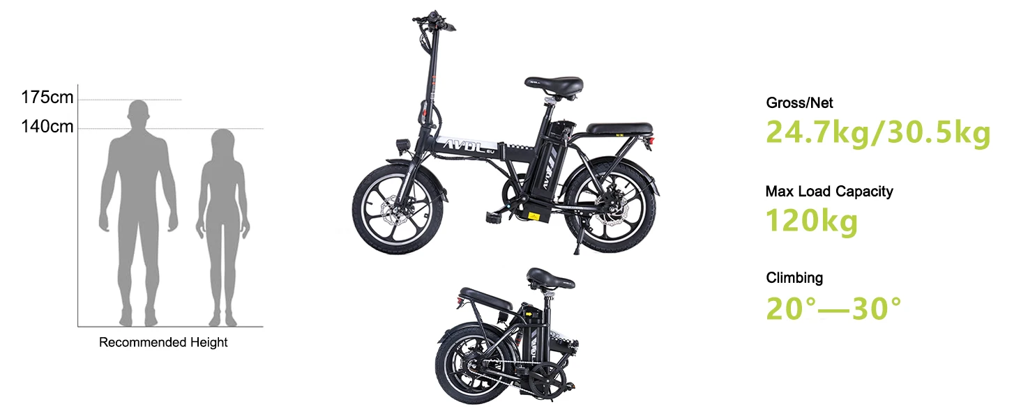 E-Bike da 16 pollici, dotata di batteria da 36V 11.4Ah e motore da 250W. Raggiunge velocità fino a 25 km/h con una autonomia di 35-50 km.