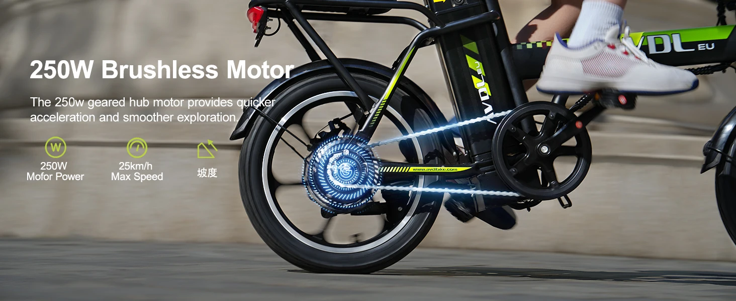 E-Bike da 16 pollici, dotata di batteria da 36V 11.4Ah e motore da 250W. Raggiunge velocità fino a 25 km/h con una autonomia di 35-50 km.