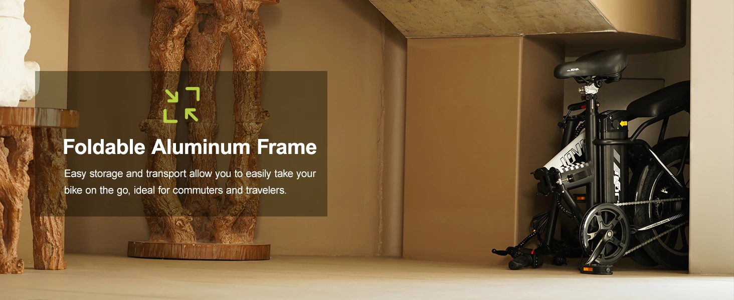 E-Bike da 16 pollici, dotata di batteria da 36V 11.4Ah e motore da 250W. Raggiunge velocità fino a 25 km/h con una autonomia di 35-50 km.