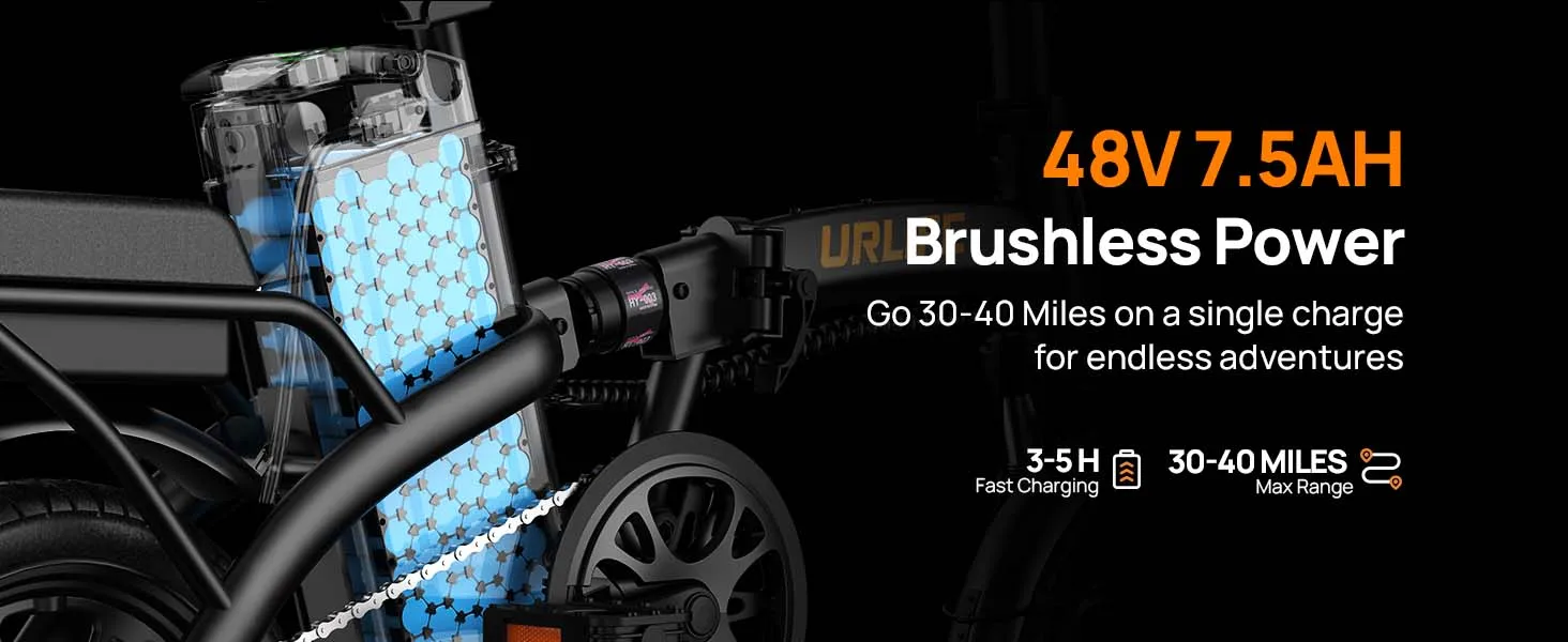 Urlife E-Bike 14 pollici pieghevole 500W 48V 7,5Ah rimovibile e ricarica rapida 40 miglia sospensione anteriore idraulica freni a doppio disco Naviga