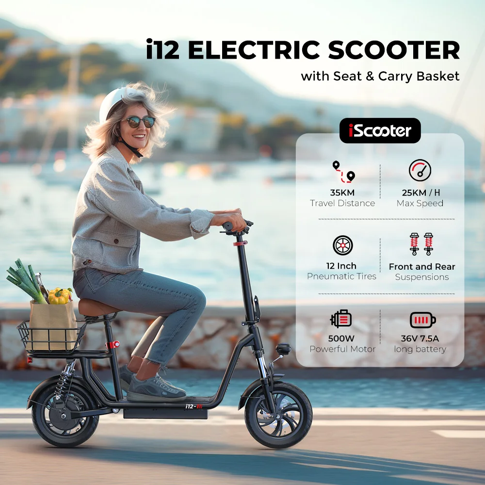 iScooter i12 Bicicletta Elettrica Pieghevole - con pneumatici da 12 pollici - Motore da 500W - Batteria da 36V 7.5Ah - Autonomia di 35 km - E-Bike Leggera