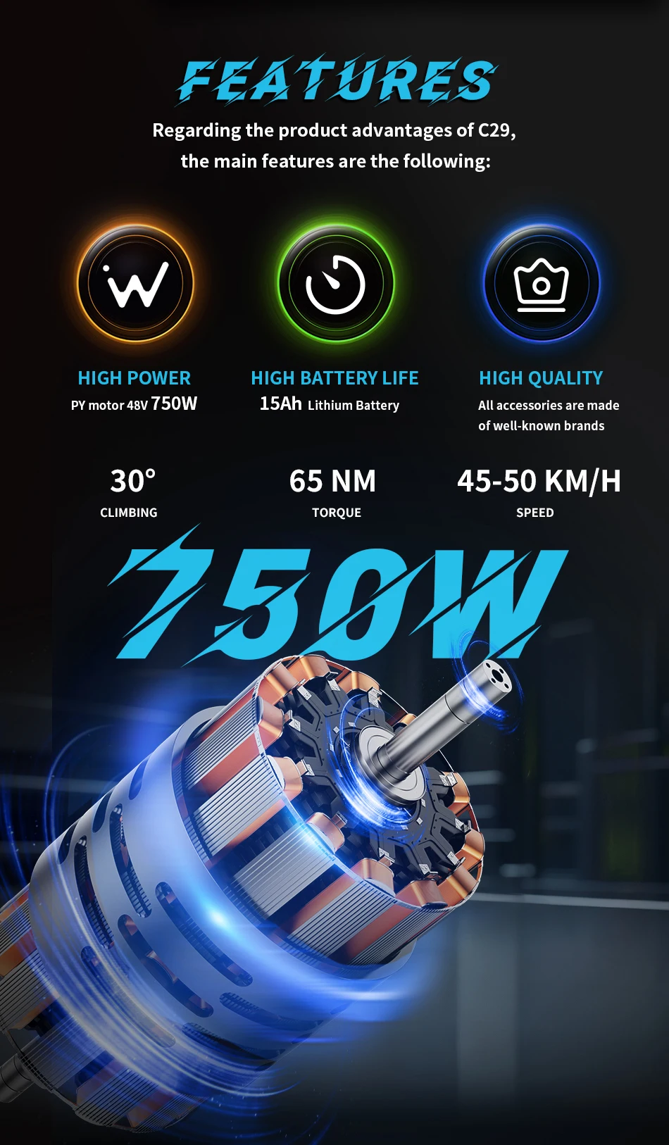 DUOTTS C29 Adluts Bici elettrica 750W Motore 48V15AH Batteria DUOTTS Controllo APP Pneumatici da 29 pollici E-bike 21 Velocità Bici elettrica da città