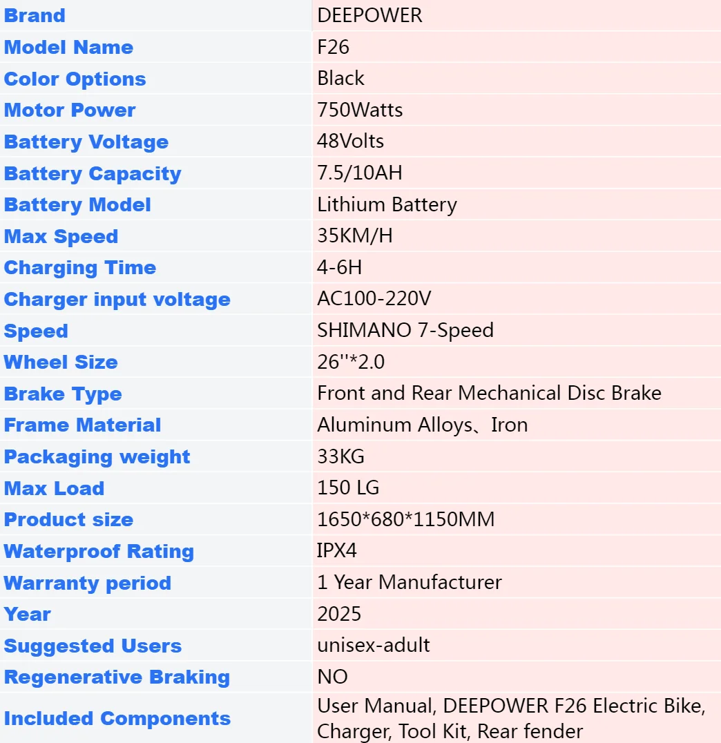 DEEPOWER F26 Bici Elettrica 750W 48V 10AH Batteria Fuoristrada Adulti Pendolarismo Ebike Velocità Massima 35KM/H Motocicletta All-Terrain Ebike