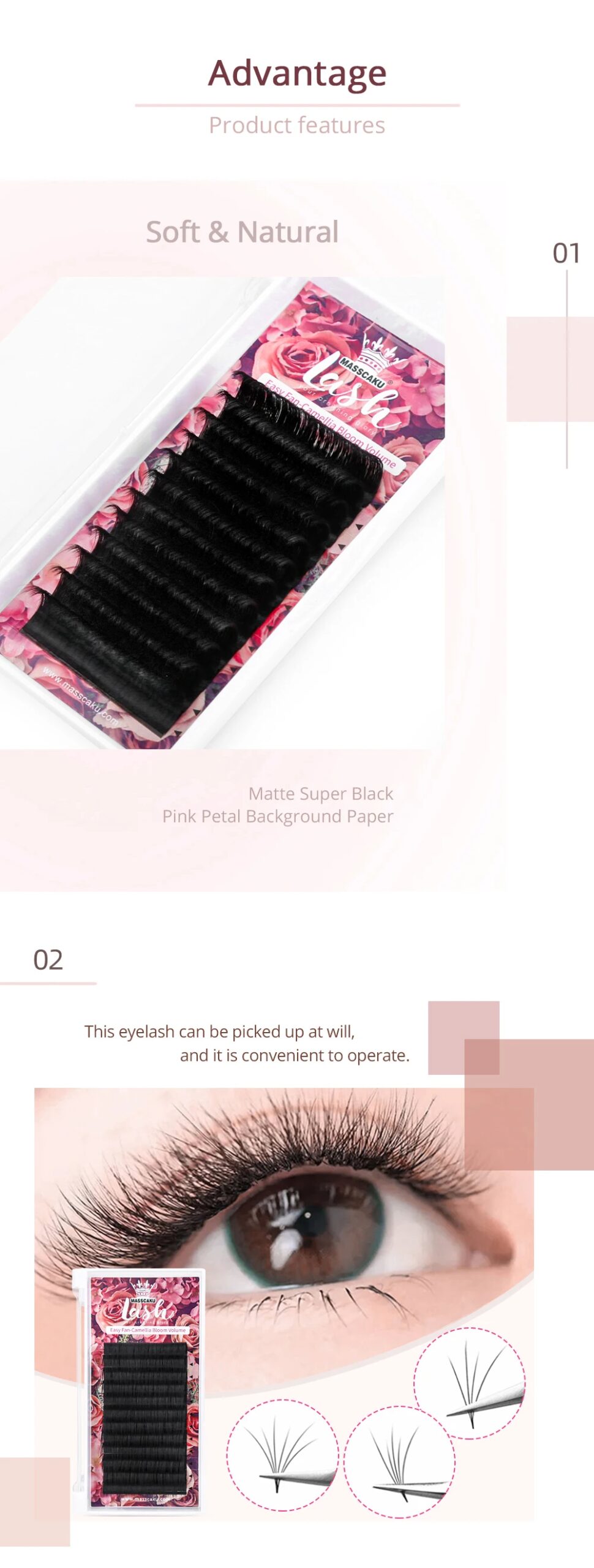 MASSCAKU Ciglia Easy Fanning Bloom Volume di fioritura automatica Visone finto Ciglia individuali Estensione ciglia naturali spesse