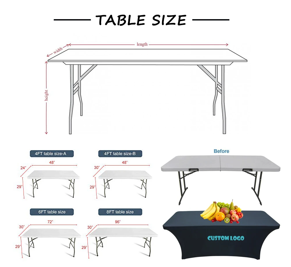 DD 4ft 6ft 8ft Logo personalizzato Spandex Copritavolo Tovaglia elasticizzata Hotel Banchetto Bancone espositivo di nozze Tovaglia decorativa