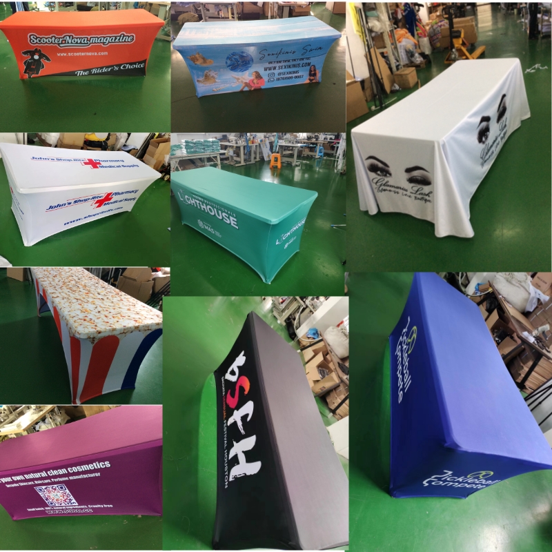 DD 4ft 6ft 8ft Logo personalizzato Spandex Copritavolo Tovaglia elasticizzata Hotel Banchetto Bancone espositivo di nozze Tovaglia decorativa