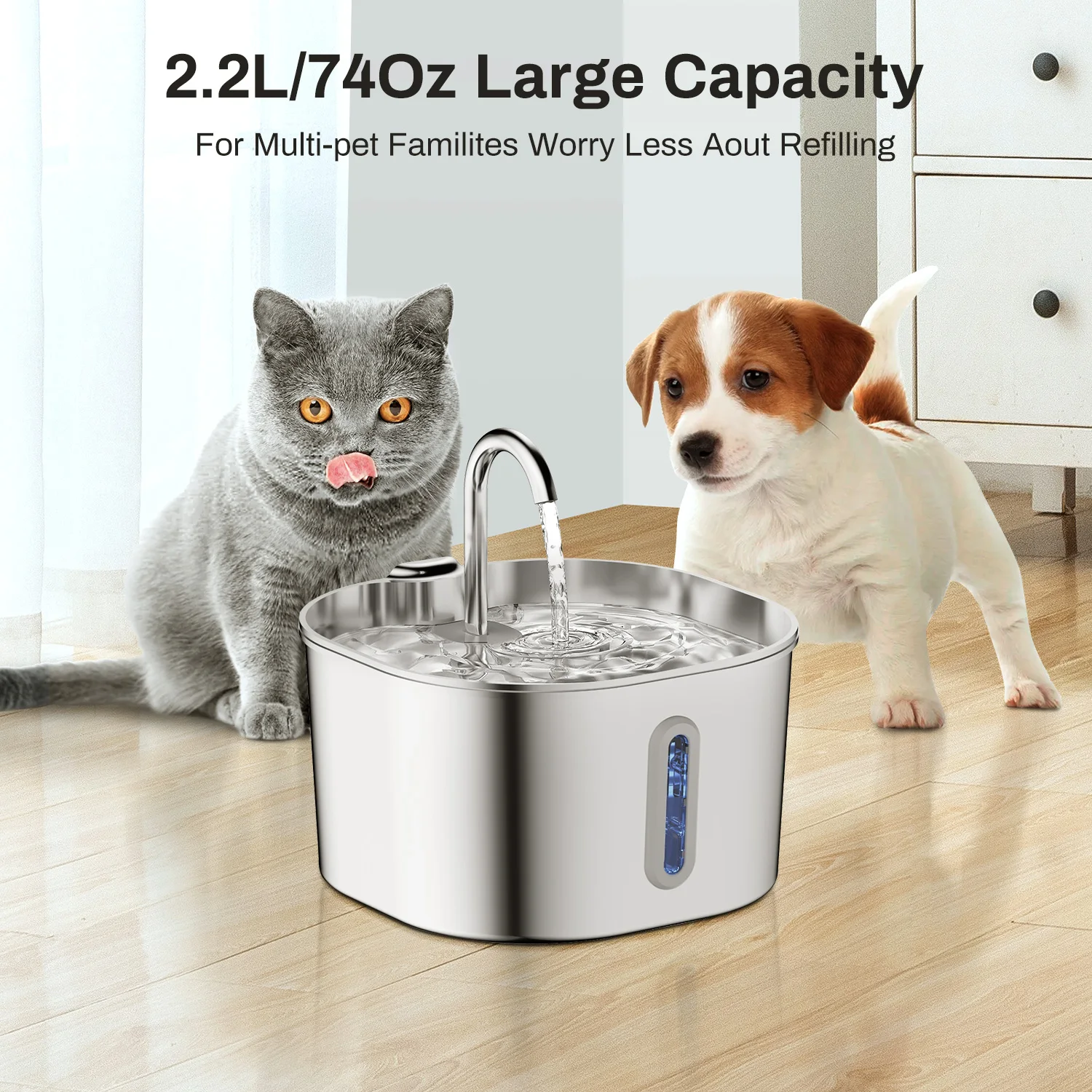 ZYFeeder Fontana automatica per gatti da 2,2 litri Fontana per cani con alimentatore per acqua per animali domestici quadrato in acciaio inossidabile con finestra (senza spina 5 V 1 A) ZYFeeder Fontana automatica per gatti da 2,2 litri Fontana per cani con alimentatore per acqua per animali domestici quadrato in acciaio inossidabile con finestra (senza spina 5 V 1 A)