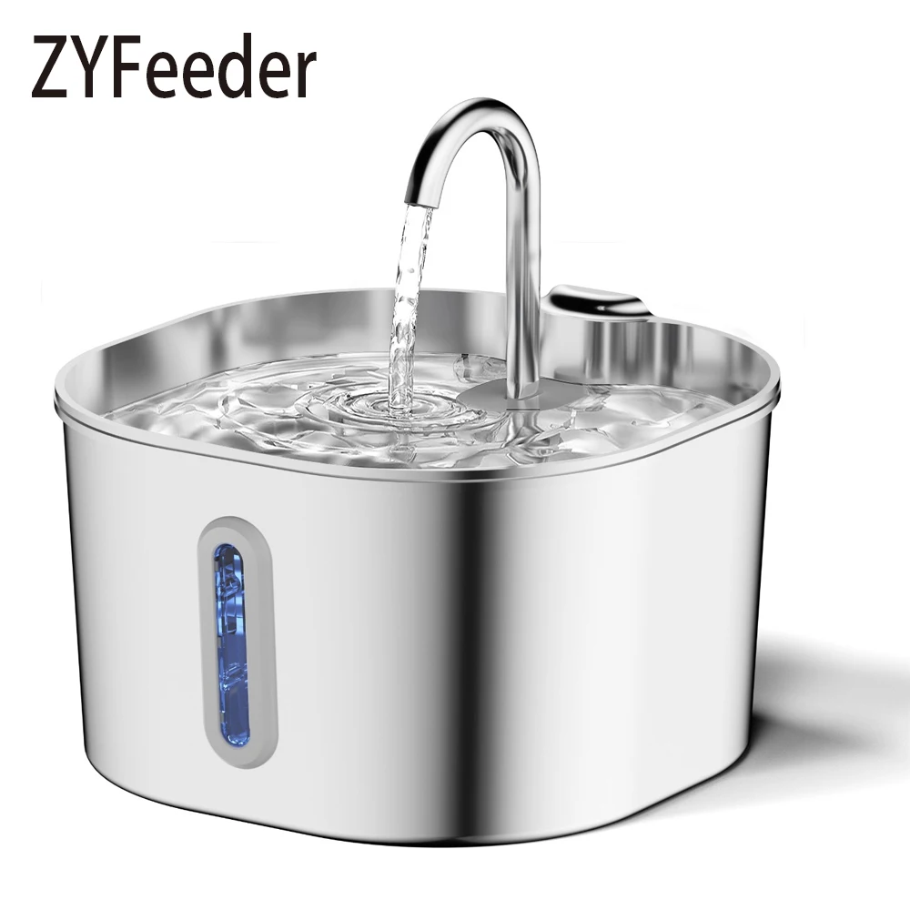 ZYFeeder Fontana automatica per gatti da 2,2 litri Fontana per cani con alimentatore per acqua per animali domestici quadrato in acciaio inossidabile con finestra (senza spina 5 V 1 A)