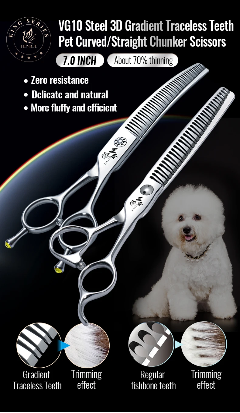 Fenice 7.0 pollici VG10 acciaio 3D gradiente denti senza tracce Pet curvo/dritto grosso forbici cuscinetto viti Pet Grooming cesoie Fenice 7.0 pollici VG10 acciaio 3D gradiente denti senza tracce Pet curvo/dritto grosso forbici cuscinetto viti Pet Grooming cesoie
