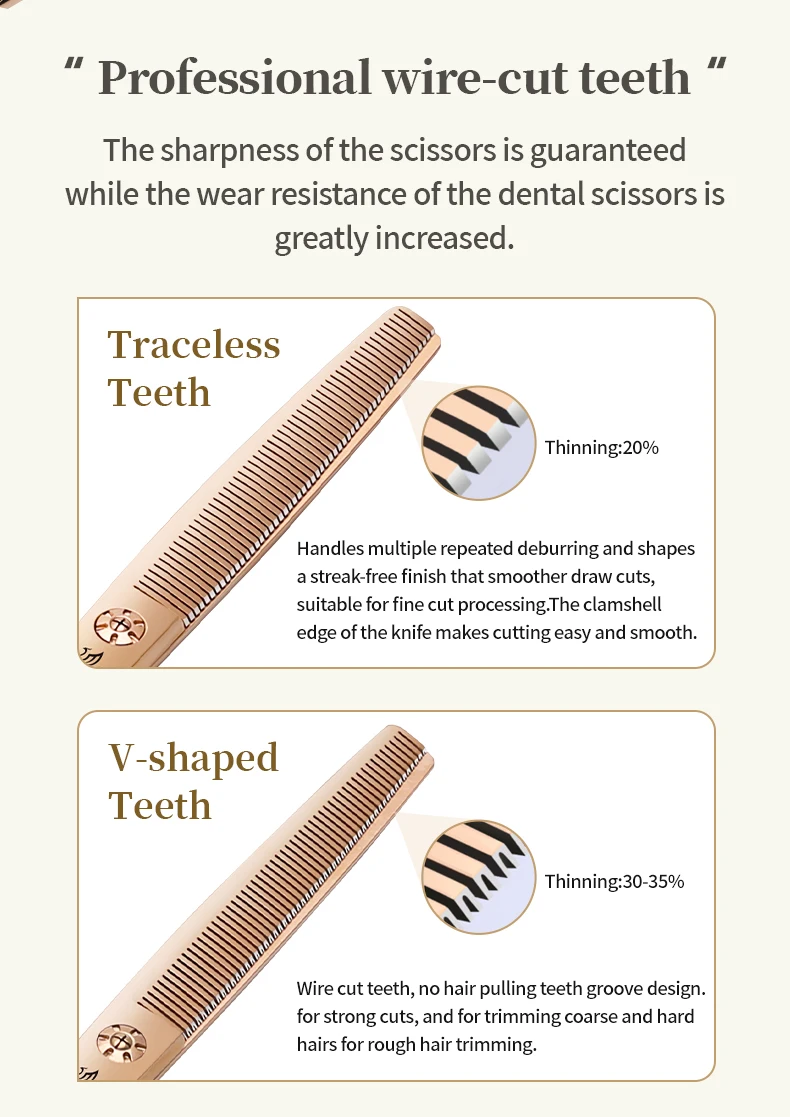 Fenice 6.5/7.0 pollici JP440C Oro rosa Toelettatura di cani da compagnia Forbici curve arrotinate/assicate Cesoie per sfoltire i denti senza traccia/a forma di V