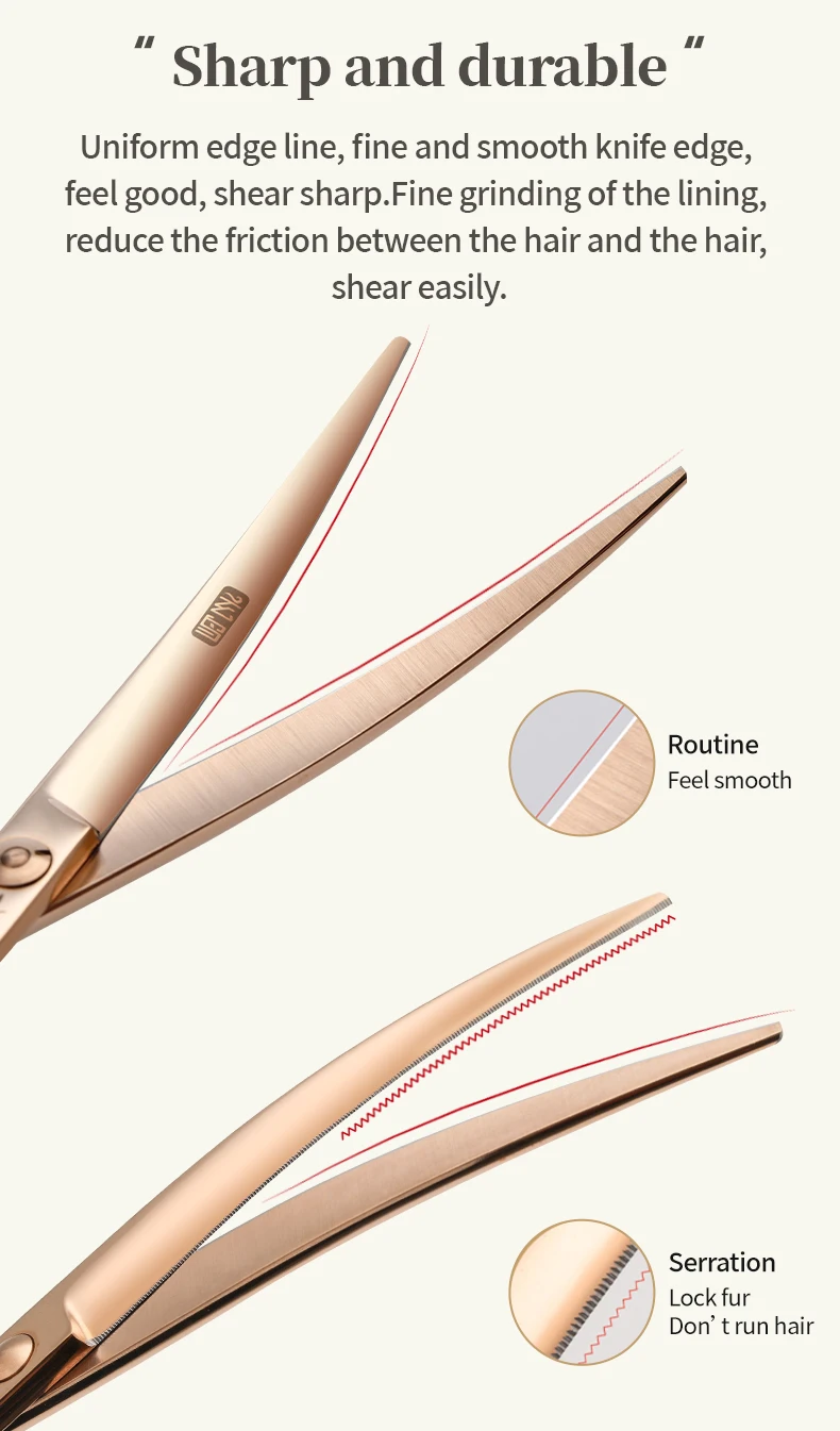 Fenice 6.5/7.0 pollici JP440C Oro rosa Toelettatura di cani da compagnia Forbici curve arrotinate/assicate Cesoie per sfoltire i denti senza traccia/a forma di V