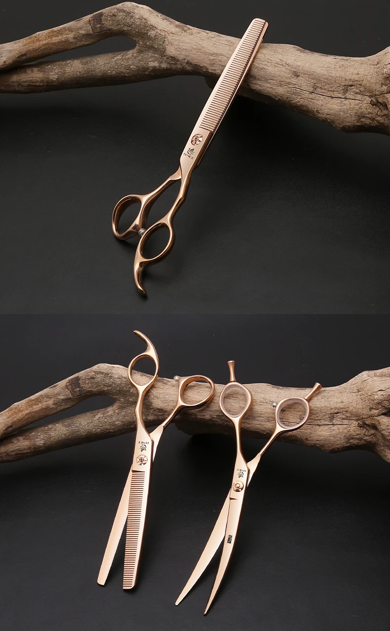 Fenice 6.5/7.0 pollici JP440C Oro rosa Toelettatura di cani da compagnia Forbici curve arrotinate/assicate Cesoie per sfoltire i denti senza traccia/a forma di V