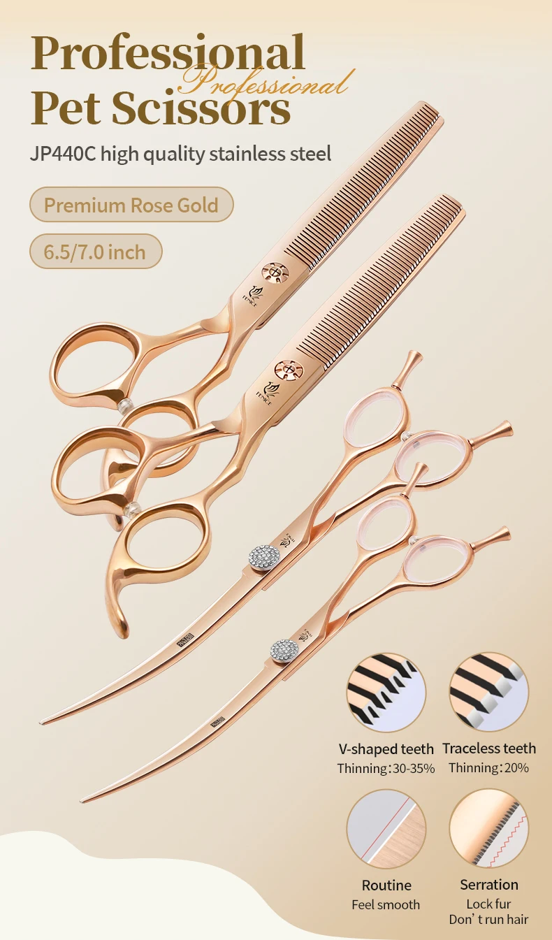 Fenice 6.5/7.0 pollici JP440C Oro rosa Toelettatura di cani da compagnia Forbici curve arrotinate/assicate Cesoie per sfoltire i denti senza traccia/a forma di V