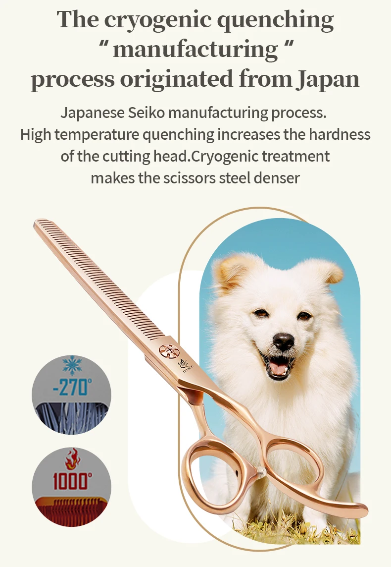 Fenice 6.5/7.0 pollici JP440C Oro rosa Toelettatura di cani da compagnia Forbici curve arrotinate/assicate Cesoie per sfoltire i denti senza traccia/a forma di V