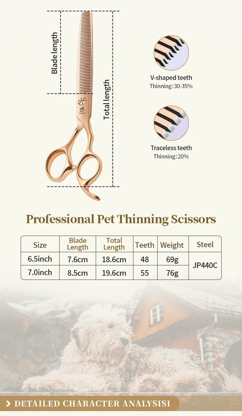 Fenice 6.5/7.0 pollici JP440C Oro rosa Toelettatura di cani da compagnia Forbici curve arrotinate/assicate Cesoie per sfoltire i denti senza traccia/a forma di V