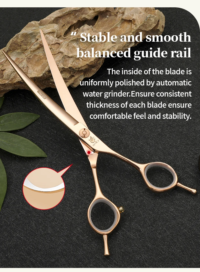 Fenice 6.5/7.0 pollici JP440C Oro rosa Toelettatura di cani da compagnia Forbici curve arrotinate/assicate Cesoie per sfoltire i denti senza traccia/a forma di V