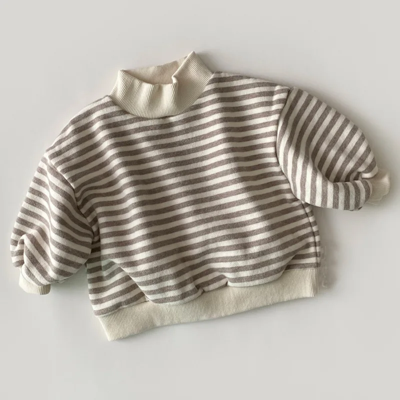 Neonate Top a righe 2023 Autunno Inverno Nuovi bambini Addensare caldo Felpa a collo alto Vestiti di cotone Bambino Ragazzi Tees