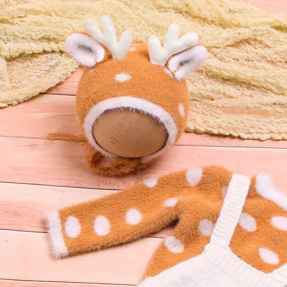 Ylsteed Vestito natalizio per neonato per servizio fotografico Pantaloni con bretelle per neonato lavorati a maglia Top Cappello con corna Puntelli per fotografia per bambini