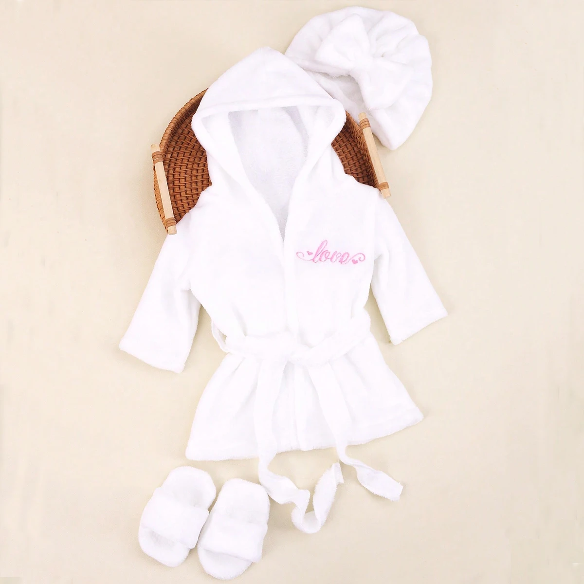 Ylsteed Accappatoio per fotografia neonato con cappello turbante e pantofole Amore ricamo Pigiama per bambina Abito per servizio fotografico infantile