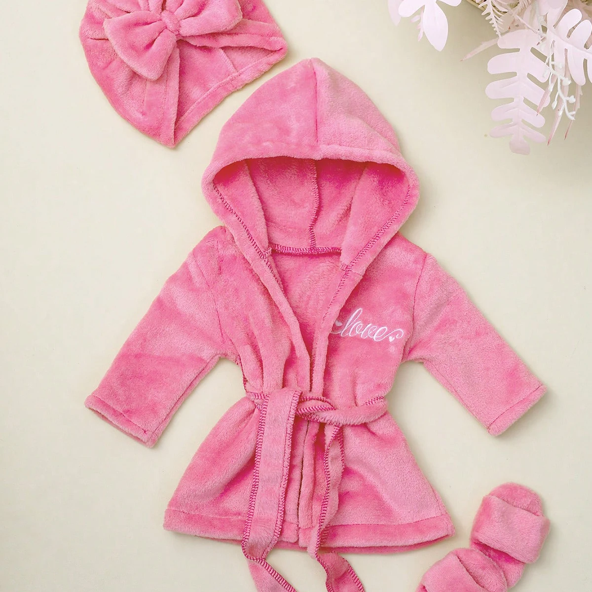 Ylsteed Accappatoio per fotografia neonato con cappello turbante e pantofole Amore ricamo Pigiama per bambina Abito per servizio fotografico infantile