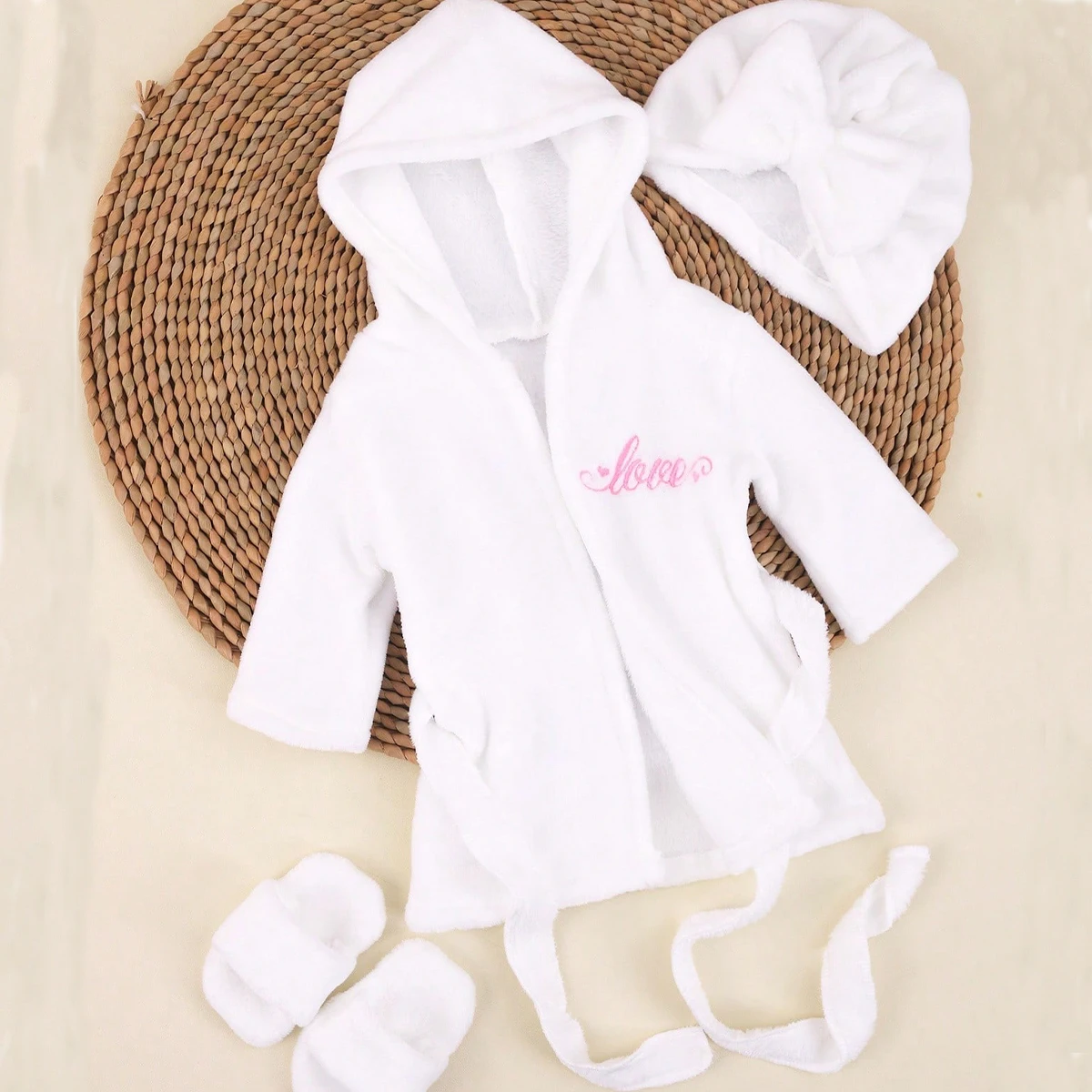 Ylsteed Accappatoio per fotografia neonato con cappello turbante e pantofole Amore ricamo Pigiama per bambina Abito per servizio fotografico infantile