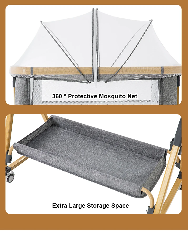 Culla 3 in 1 Culla da comodino Box per bambini Altezza regolabile Ruote girevoli Materasso accogliente Zanzara per neonati neonati