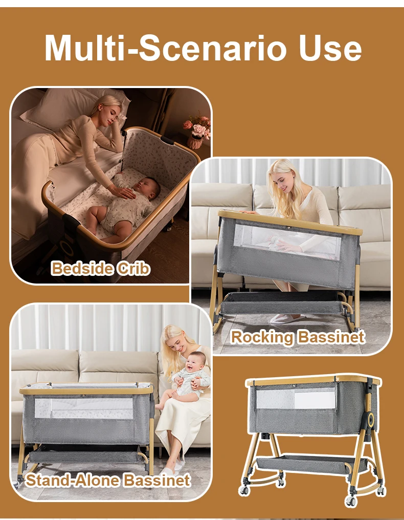 Culla 3 in 1 Culla da comodino Box per bambini Altezza regolabile Ruote girevoli Materasso accogliente Zanzara per neonati neonati