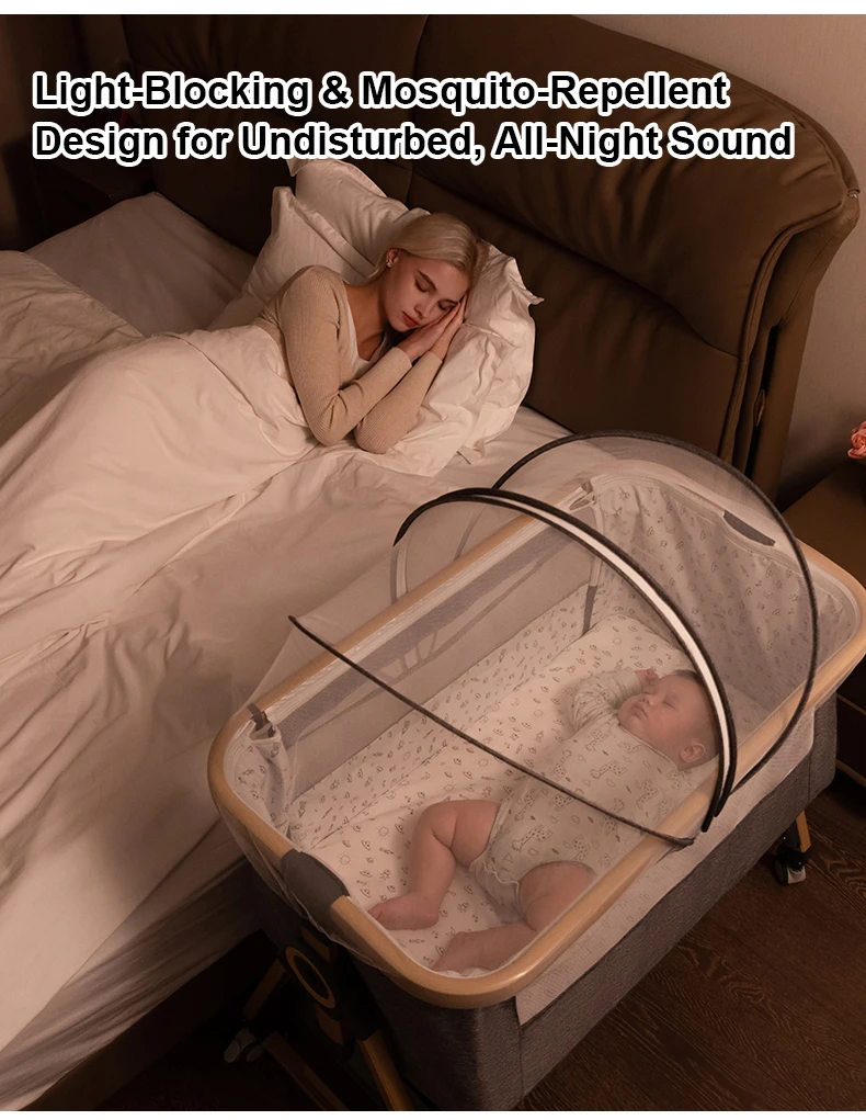 Culla 3 in 1 Culla da comodino Box per bambini Altezza regolabile Ruote girevoli Materasso accogliente Zanzara per neonati neonati