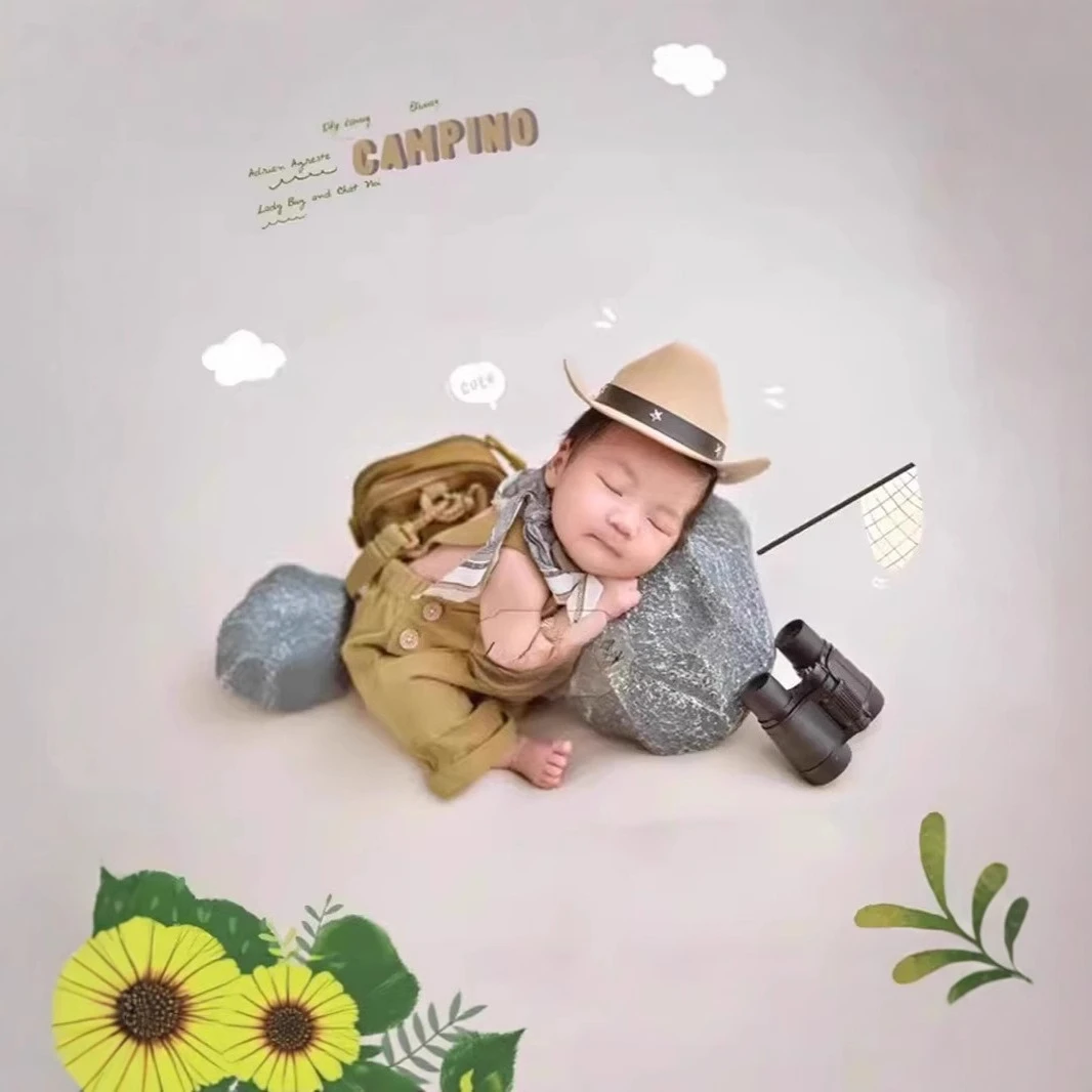 Puntelli per fotografia neonato Bretelle per outfit Occhiali cosplay per neonato Cappello da cowboy Accessori per oggetti di scena per servizio fotografico per bambini