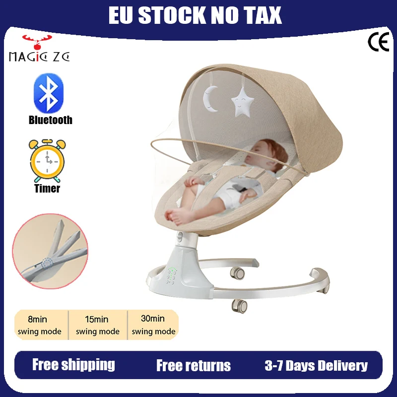 Sedia a dondolo elettrica per bambini Bluetooth Funzione timer per culla Gioca musica con zanzariera Bilanciere per bambini Ingranaggi multipli Lenisce a dormire Schienale regolabile per culla multifunzionale leggero Nuovo modello Deluxe