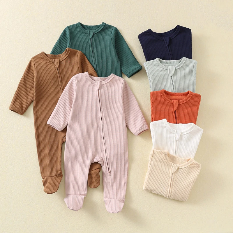 Pagliaccetto per bebè a maniche lunghe in cotone con cerniera sul davanti Completo primaverile autunnale Neonato unisex in maglia a costine Pigiama solido