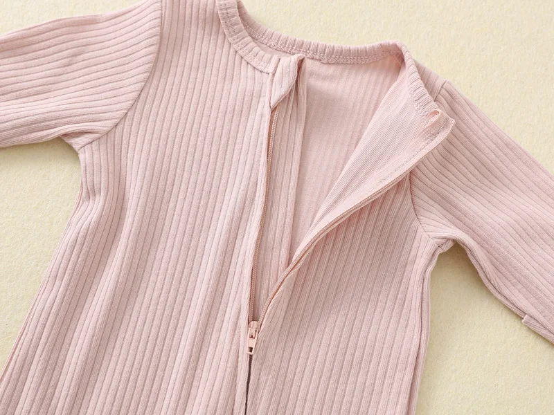 Pagliaccetto per bebè a maniche lunghe in cotone con cerniera sul davanti Completo primaverile autunnale Neonato unisex in maglia a costine Pigiama solido