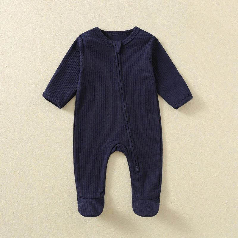 Pagliaccetto per bebè a maniche lunghe in cotone con cerniera sul davanti Completo primaverile autunnale Neonato unisex in maglia a costine Pigiama solido