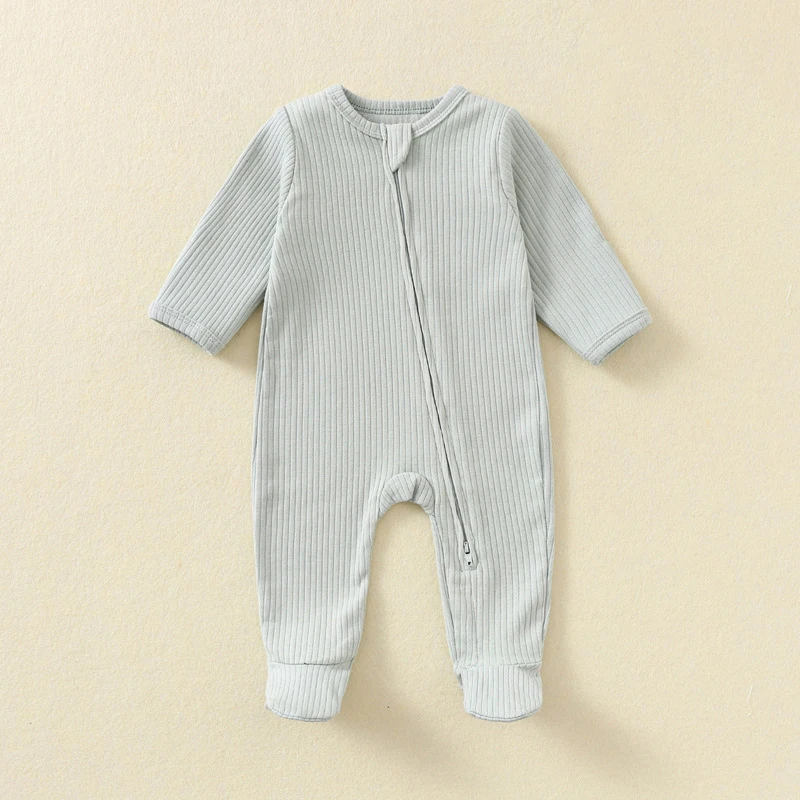 Pagliaccetto per bebè a maniche lunghe in cotone con cerniera sul davanti Completo primaverile autunnale Neonato unisex in maglia a costine Pigiama solido