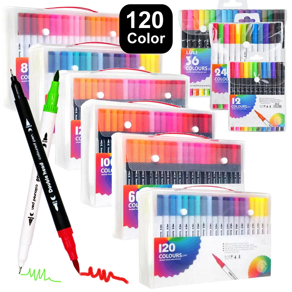 12/60/120 Colori Doppia Testa Pennarelli Punta Rifornimenti D'arte Disegno Pennello Penna Colori Set Per Regalo Penne Matite Scrittura Ufficio Scuola