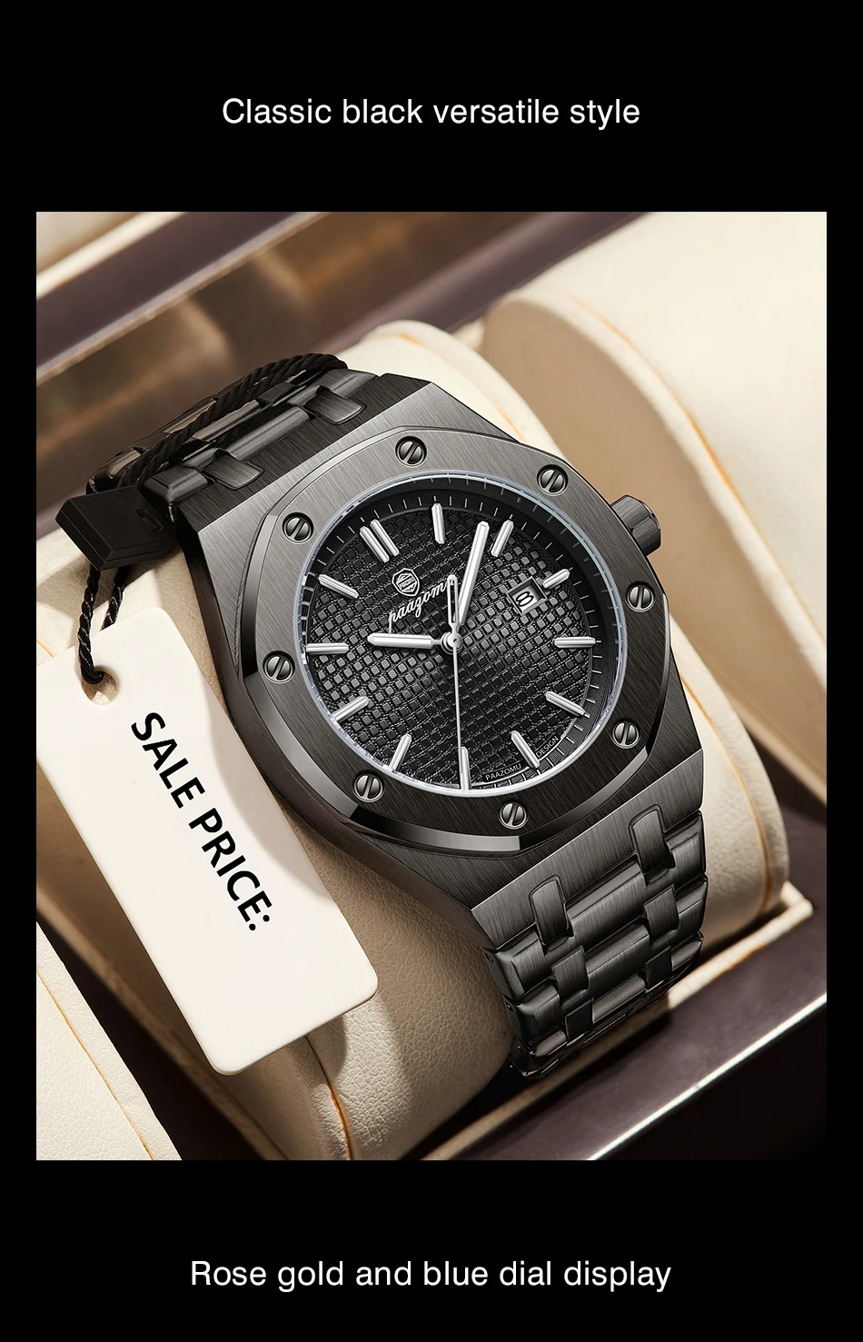 PAAZOMU Orologio da uomo al quarzo quadrato di lusso Orologio da uomo impermeabile con data luminosa Orologi da uomo d'affari in acciaio inossidabile di alta qualità