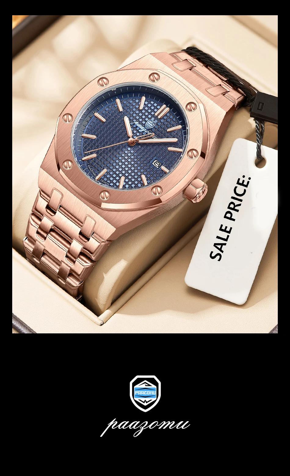 PAAZOMU Orologio da uomo al quarzo quadrato di lusso Orologio da uomo impermeabile con data luminosa Orologi da uomo d'affari in acciaio inossidabile di alta qualità