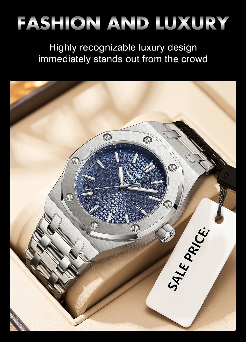 PAAZOMU Orologio da uomo al quarzo quadrato di lusso Orologio da uomo impermeabile con data luminosa Orologi da uomo d'affari in acciaio inossidabile di alta qualità