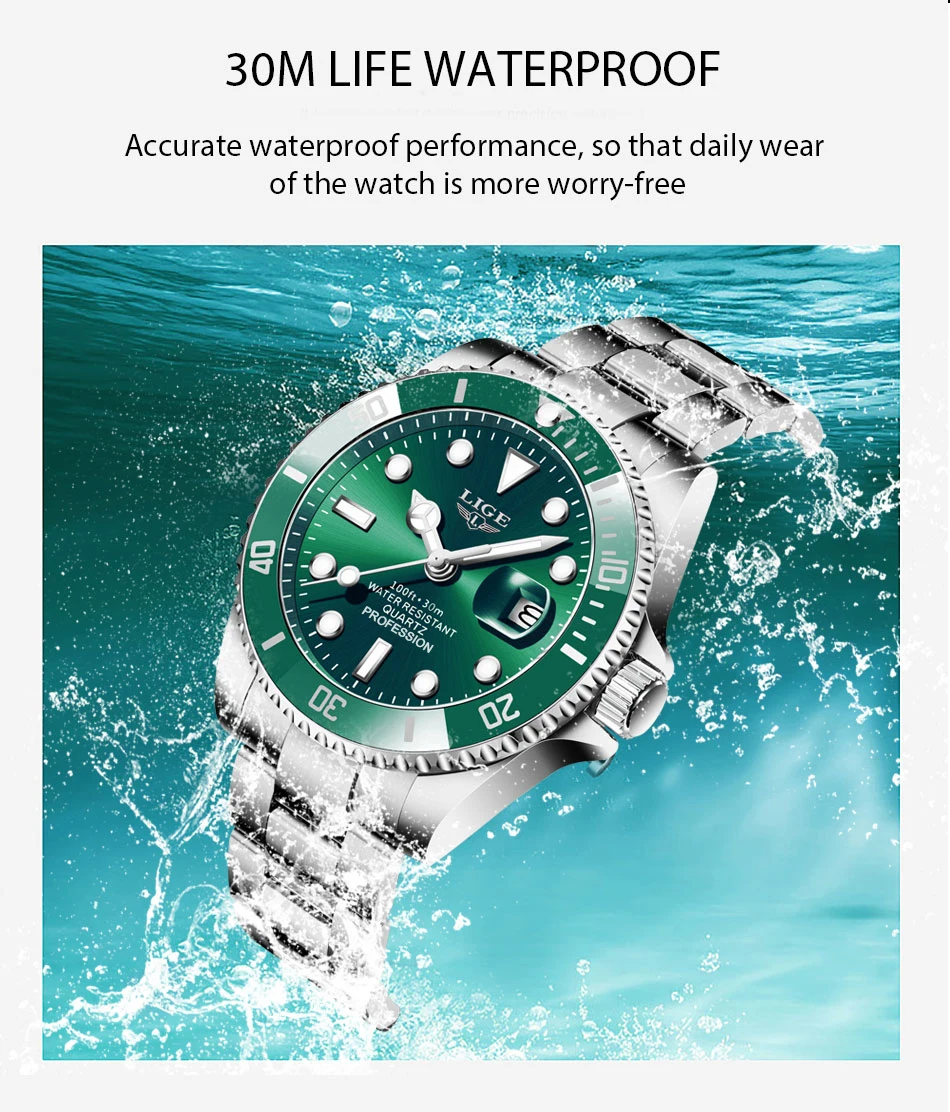 LIGE Top Brand di Lusso Moda Diver Orologio Da Uomo 30ATM Impermeabile Data Orologio Orologi Sportivi Mens Orologio Da Polso Al Quarzo Relogio Masculino
