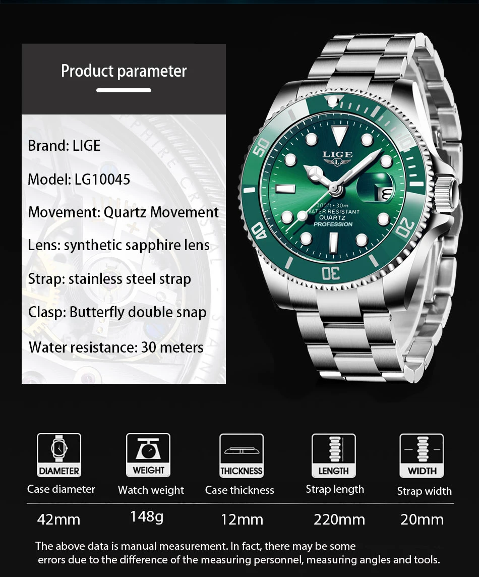 LIGE Top Brand di Lusso Moda Diver Orologio Da Uomo 30ATM Impermeabile Data Orologio Orologi Sportivi Mens Orologio Da Polso Al Quarzo Relogio Masculino
