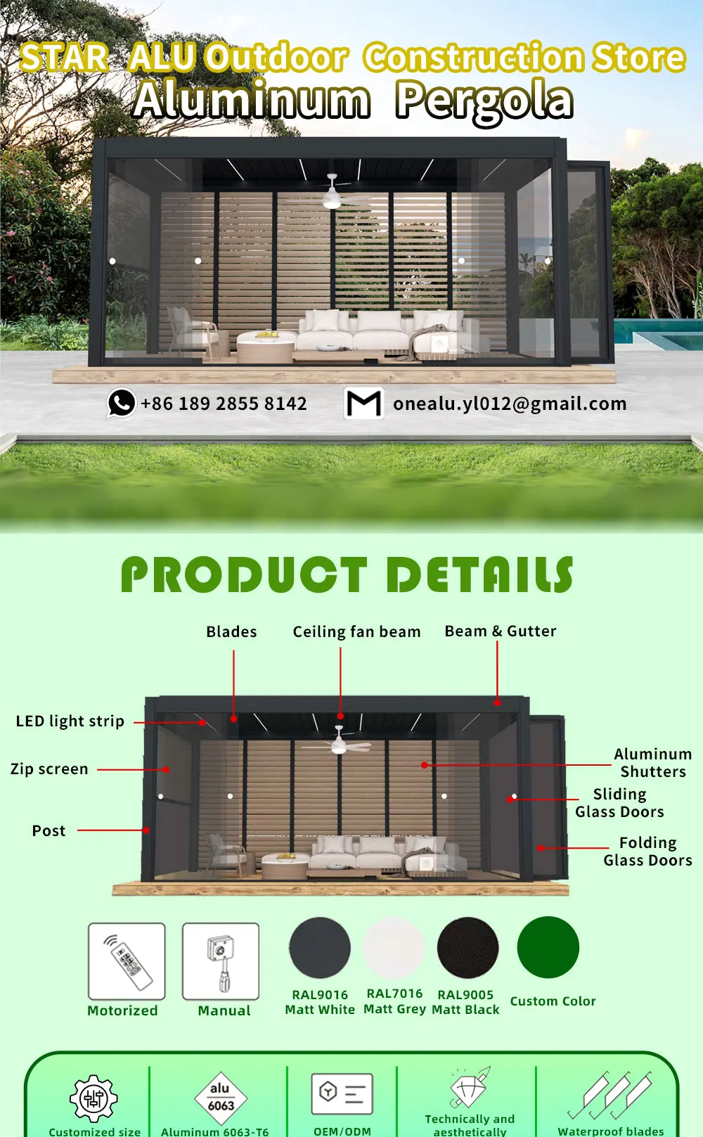 Pergola motorizzata in alluminio di alta qualità con schermi pieghevoli per la privacy e recinzioni da parete in vetro - Tenda da giardino o patio per esterni