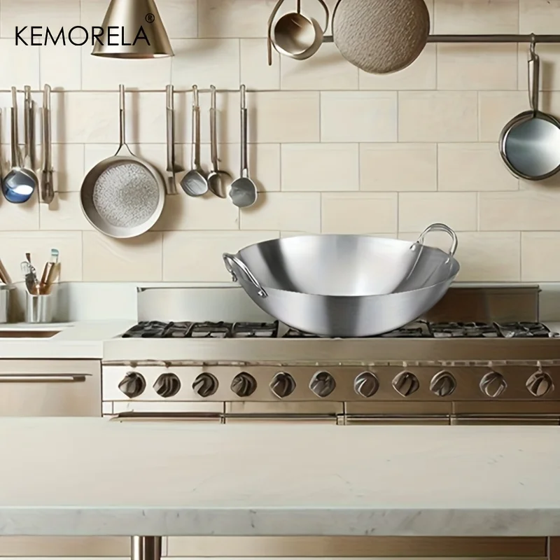 1 pz Wok in acciaio inossidabile non rivestito 26/28/30/32/34 cm di alta qualità doppia maniglia padella adatta per la cottura domestica di manzo fritto