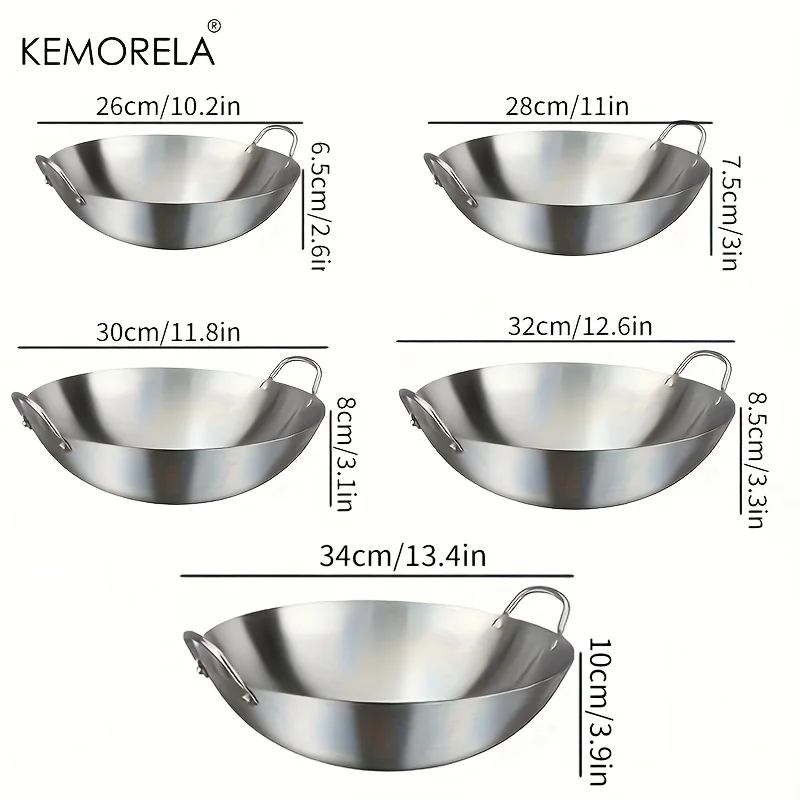 KEMORELA 1PCS Wok in acciaio inossidabile non rivestito 26/28/30/32/34cm Padella da chef a doppia maniglia di alta qualità per la cottura domestica di manzo fritto