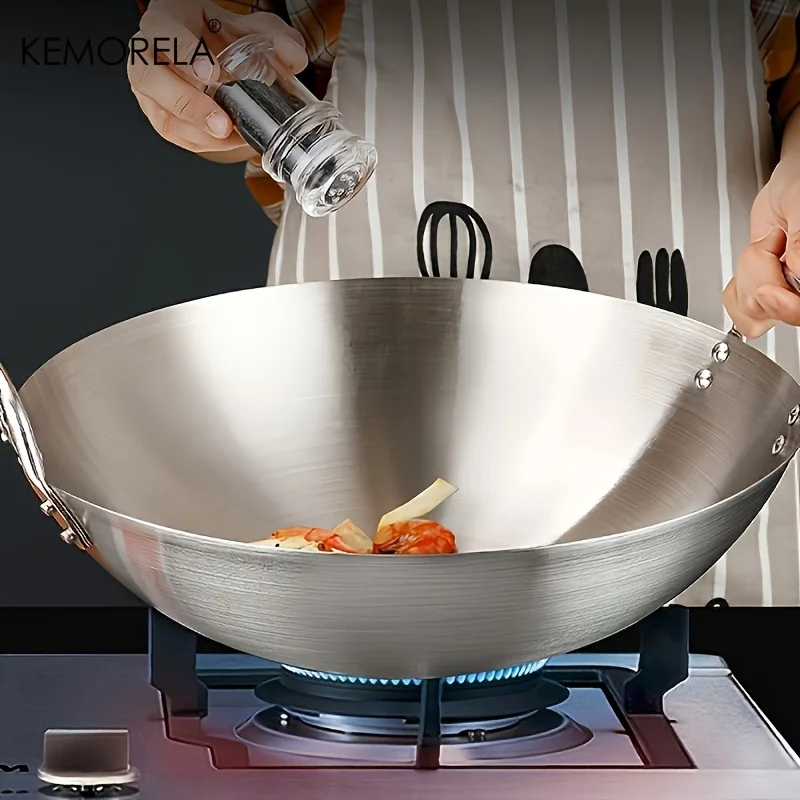 KEMORELA 1PCS Wok in acciaio inossidabile non rivestito 26/28/30/32/34cm Padella da chef a doppia maniglia di alta qualità per la cottura domestica di manzo fritto