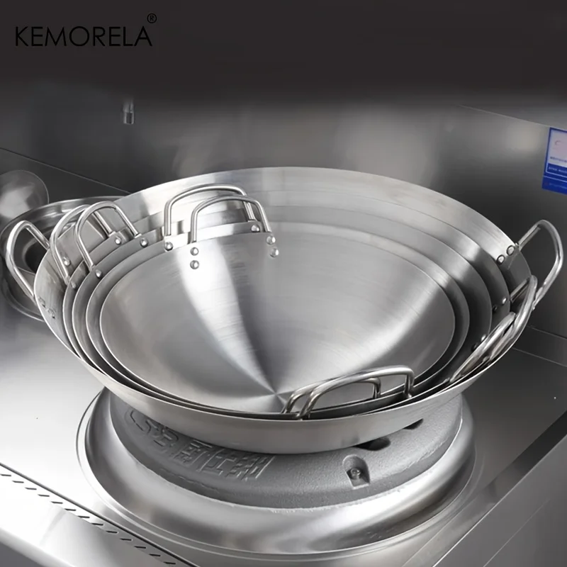 KEMORELA 1PCS Wok in acciaio inossidabile non rivestito 26/28/30/32/34cm Padella da chef a doppia maniglia di alta qualità per la cottura domestica di manzo fritto