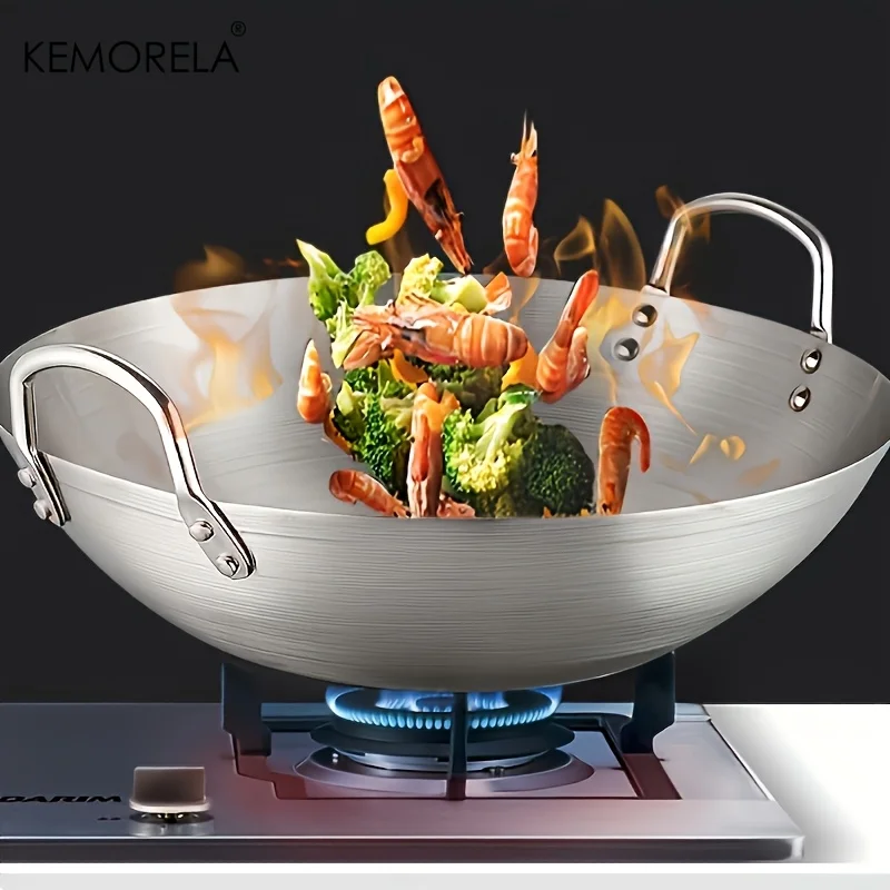 KEMORELA 1PCS Wok in acciaio inossidabile non rivestito 26/28/30/32/34cm Padella da chef a doppia maniglia di alta qualità per la cottura domestica di manzo fritto