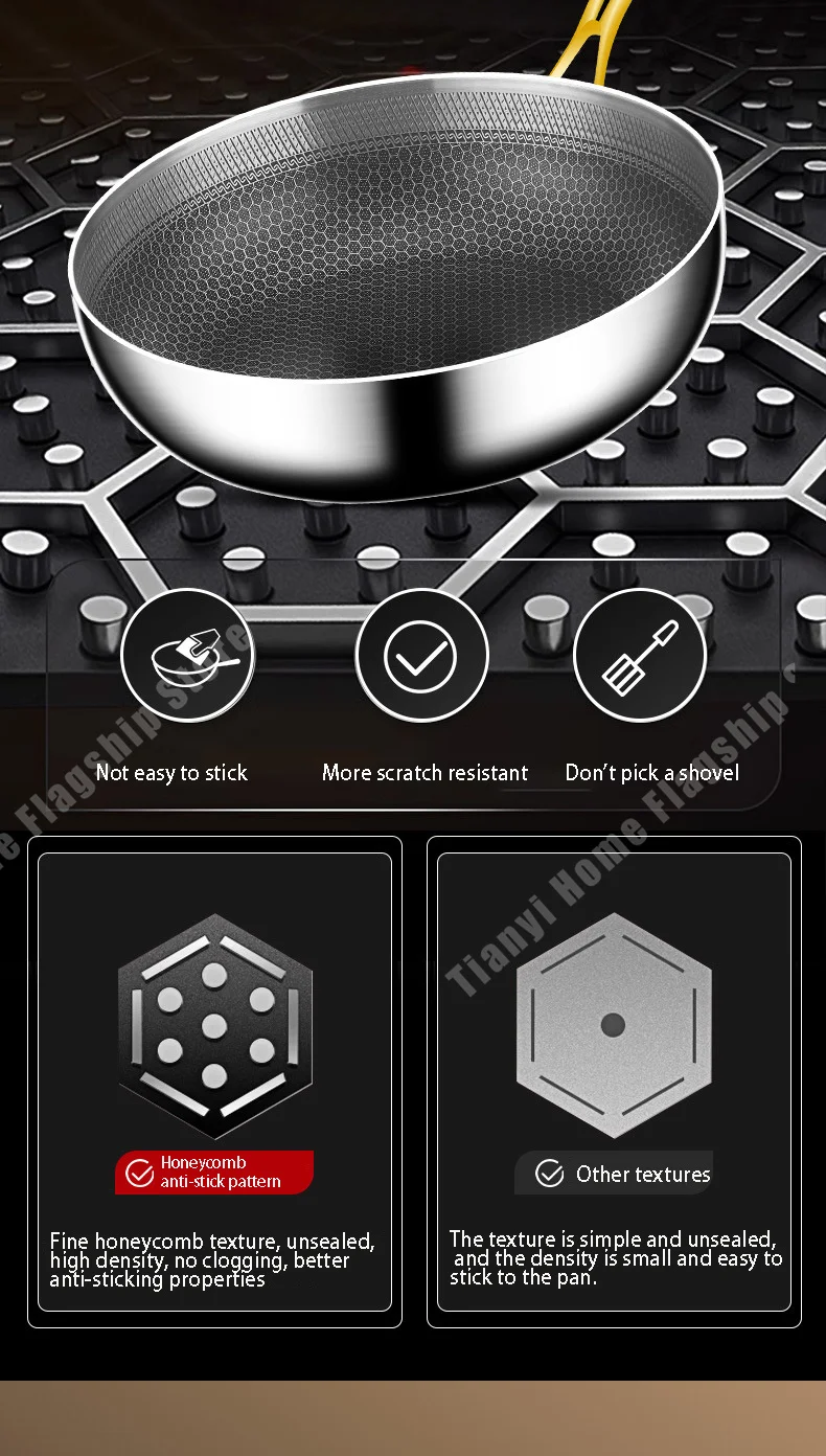 Padella in acciaio inossidabile 316 Wok antiaderente Cottura a nido d'ape Bistecca Stufa a gas Pentola a induzione Pentole generali Pentole da cucina Padella in acciaio inossidabile 316 Wok antiaderente Cottura a nido d'ape Bistecca Stufa a gas Pentola a induzione Pentole generali Pentole da cucina