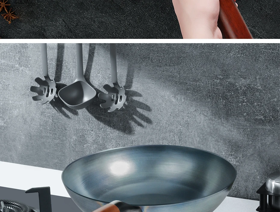 Wok in ferro per condimenti, Wok da 30/32/34 cm con manico in legno Pentole da cucina per padelle elettriche, elettriche a induzione e a gas