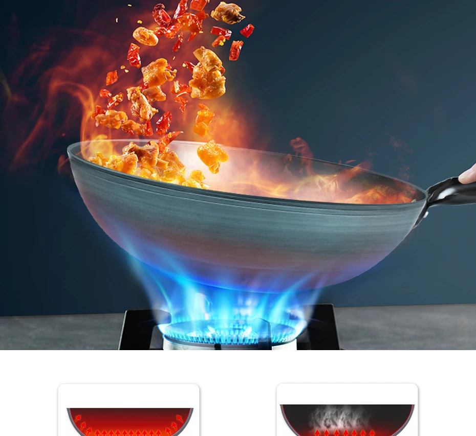 Wok in ferro per condimenti, Wok da 30/32/34 cm con manico in legno Pentole da cucina per padelle elettriche, elettriche a induzione e a gas